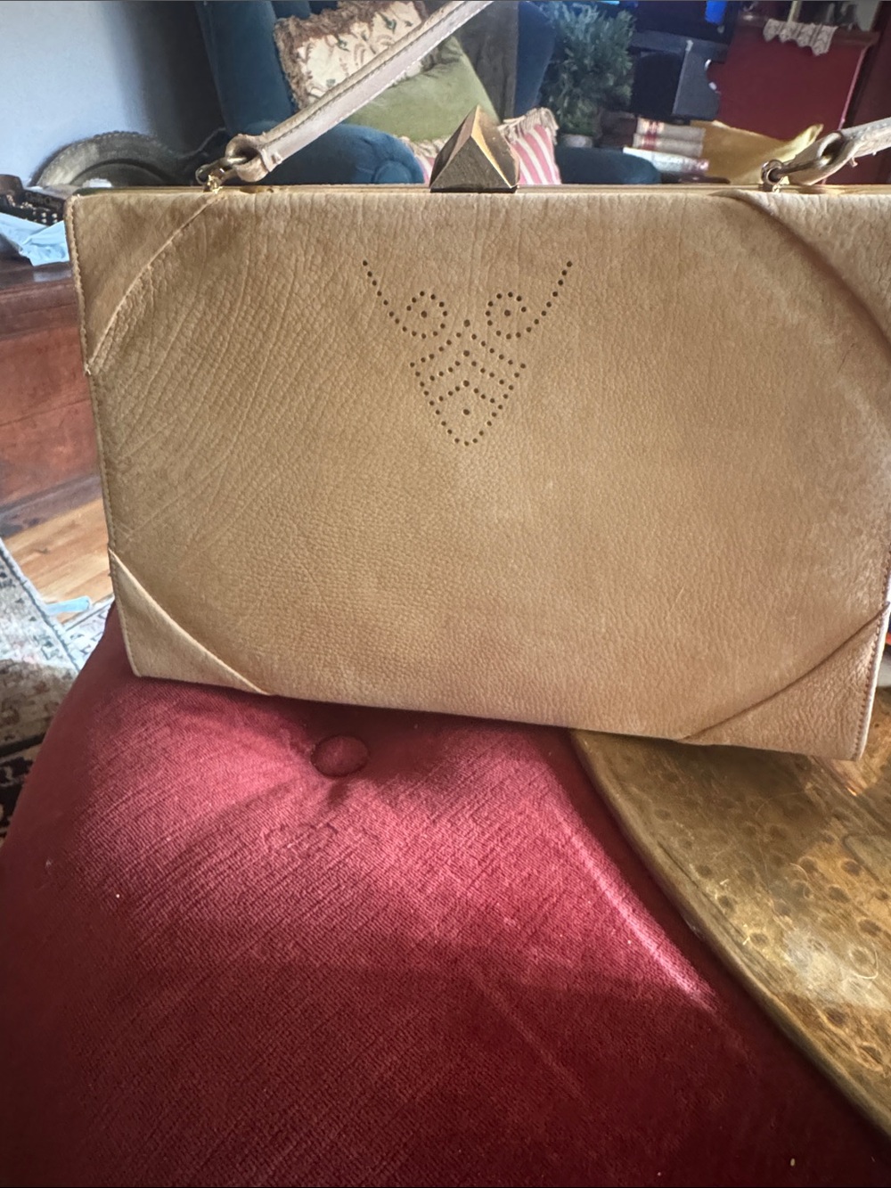 Vintage Structured Hand Bag in Tan Leather with Perforated Detail
